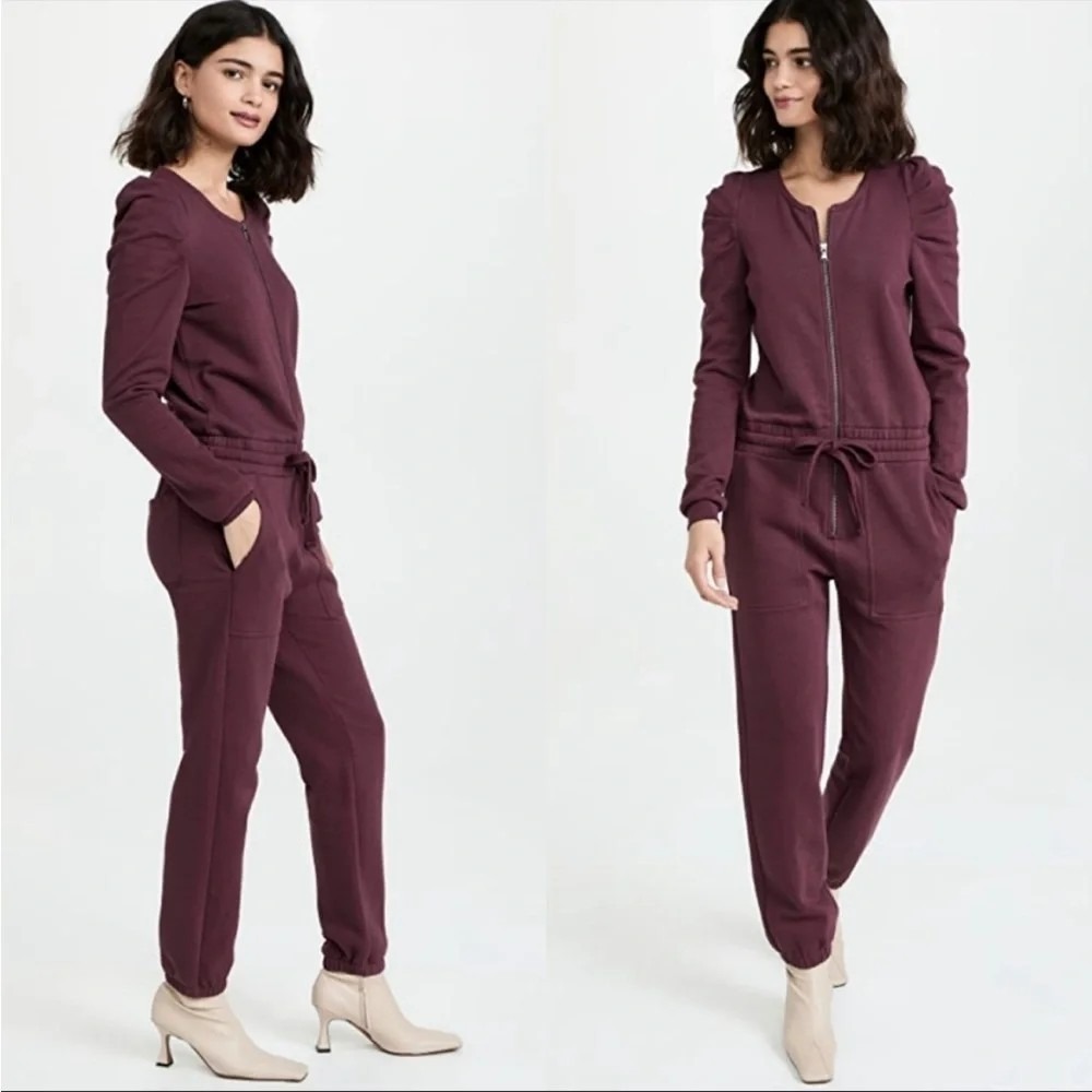 Rebecca Minkoff Janine XXS Jumpsuit Puff Sleeve Burgundy Wine Cotton Jogger